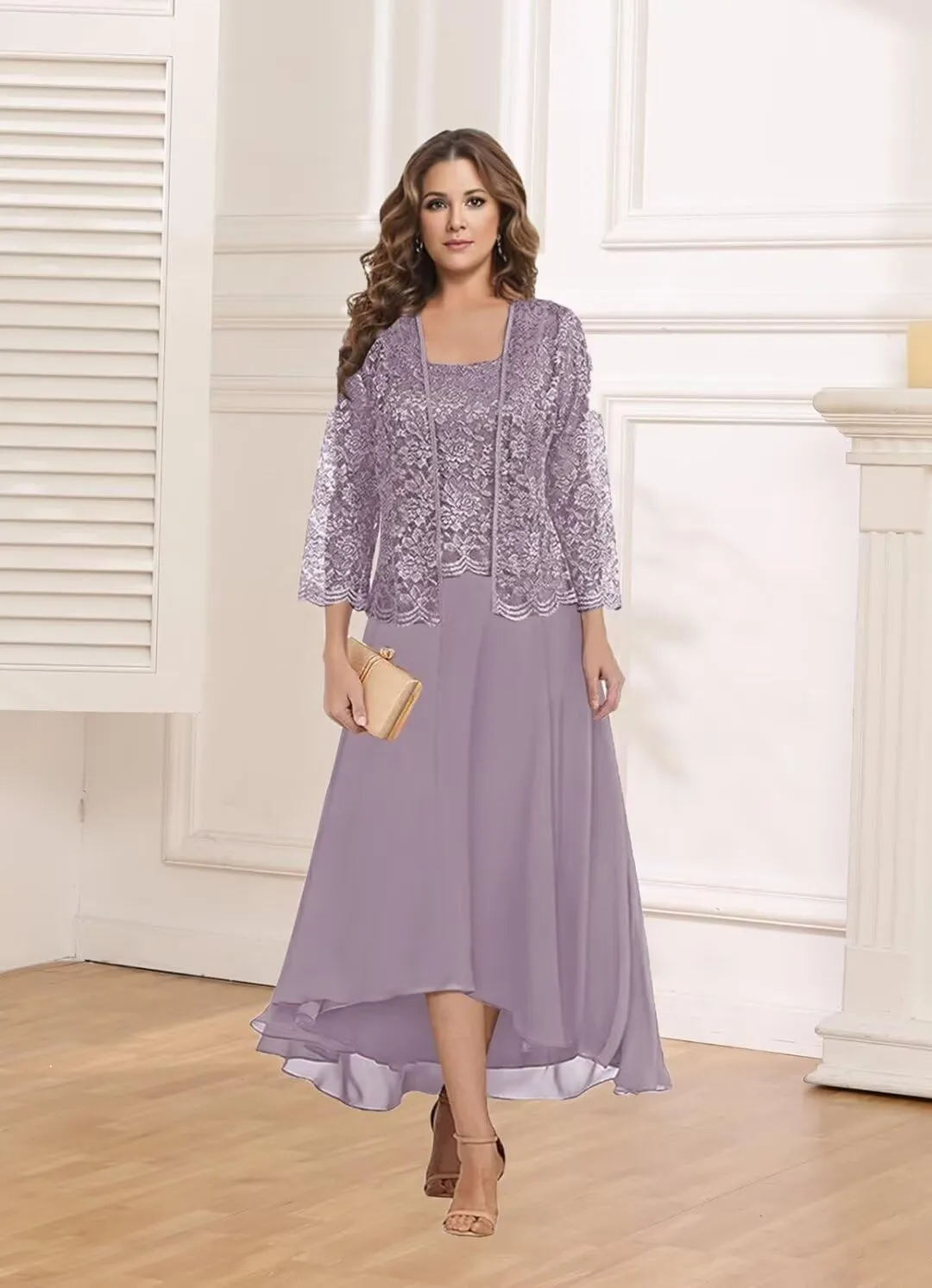 2 Pieces Mother of The Bride Dresses for Wedding Tea Length Lone Sleeve Chiffon Lace Formal Dress