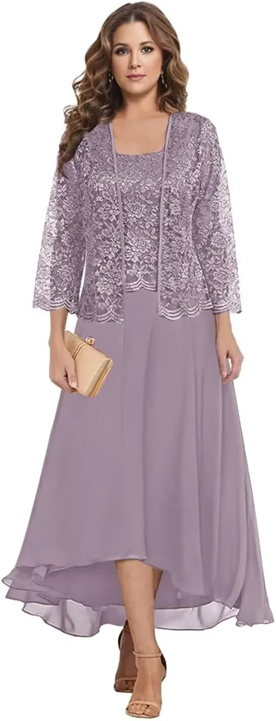 2 Pieces Mother of The Bride Dresses for Wedding Tea Length Lone Sleeve Chiffon Lace Formal Dress