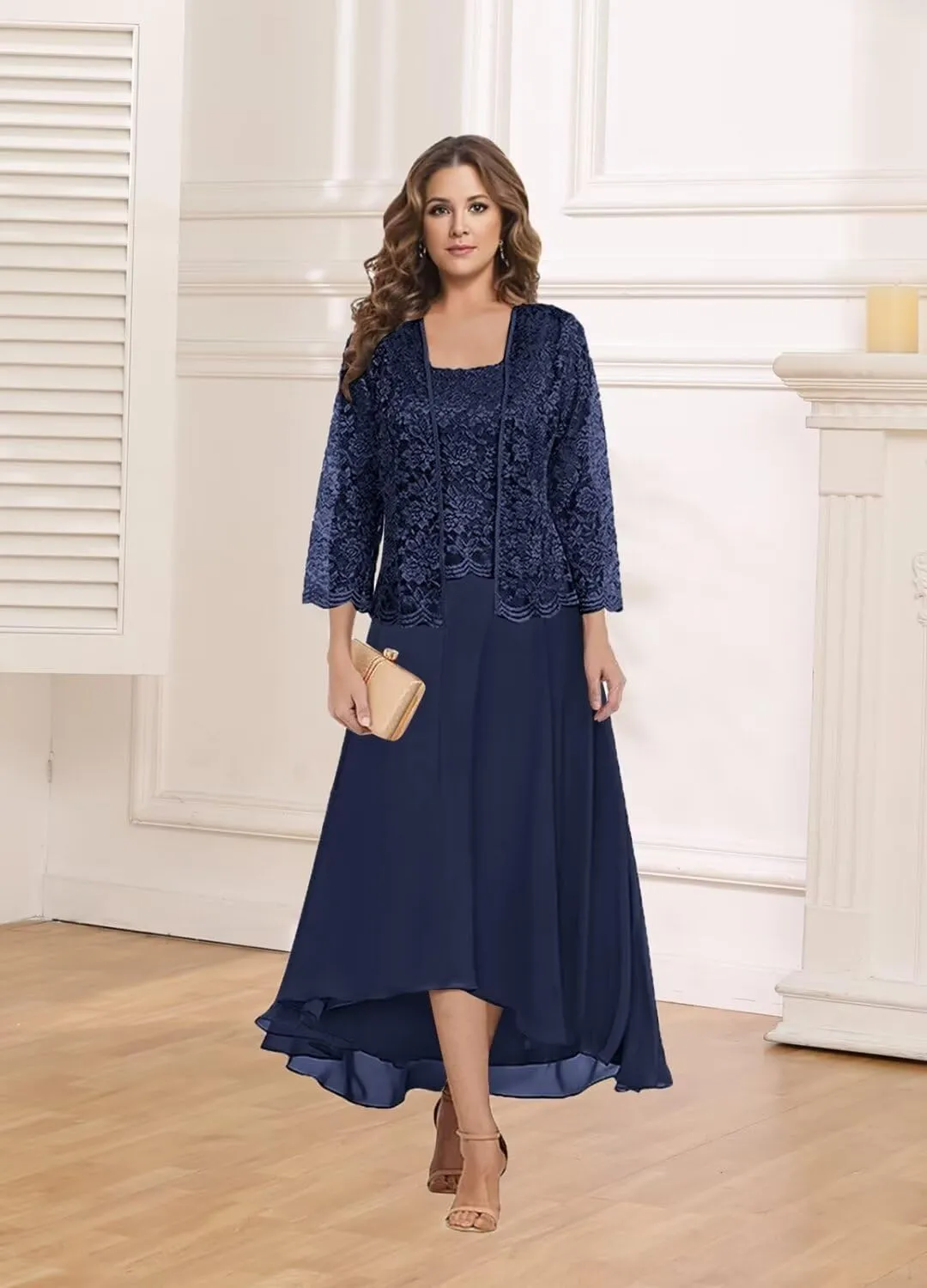 2 Pieces Mother of The Bride Dresses for Wedding Tea Length Lone Sleeve Chiffon Lace Formal Dress