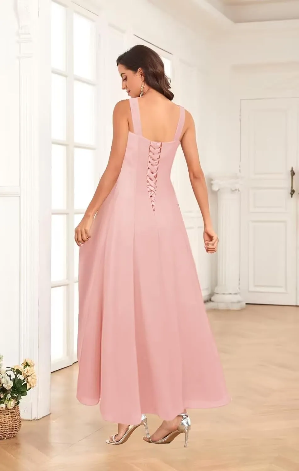 2 Pieces Mother of The Bride Dresses for Wedding Tea Length Lone Sleeve Chiffon Lace Formal Dress
