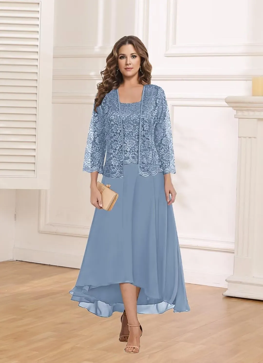 2 Pieces Mother of The Bride Dresses for Wedding Tea Length Lone Sleeve Chiffon Lace Formal Dress