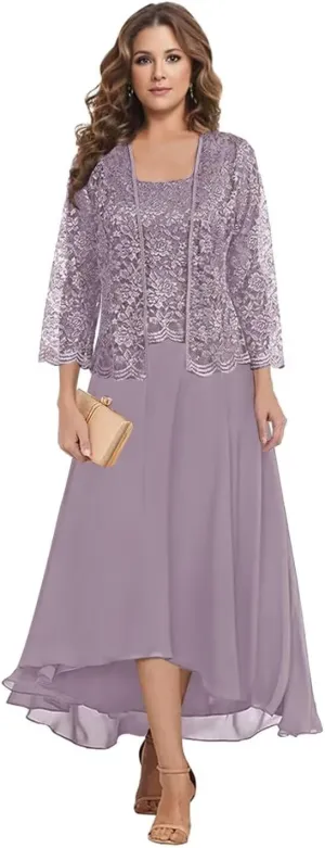 2 Pieces Mother of The Bride Dresses for Wedding Tea Length Lone Sleeve Chiffon Lace Formal Dress