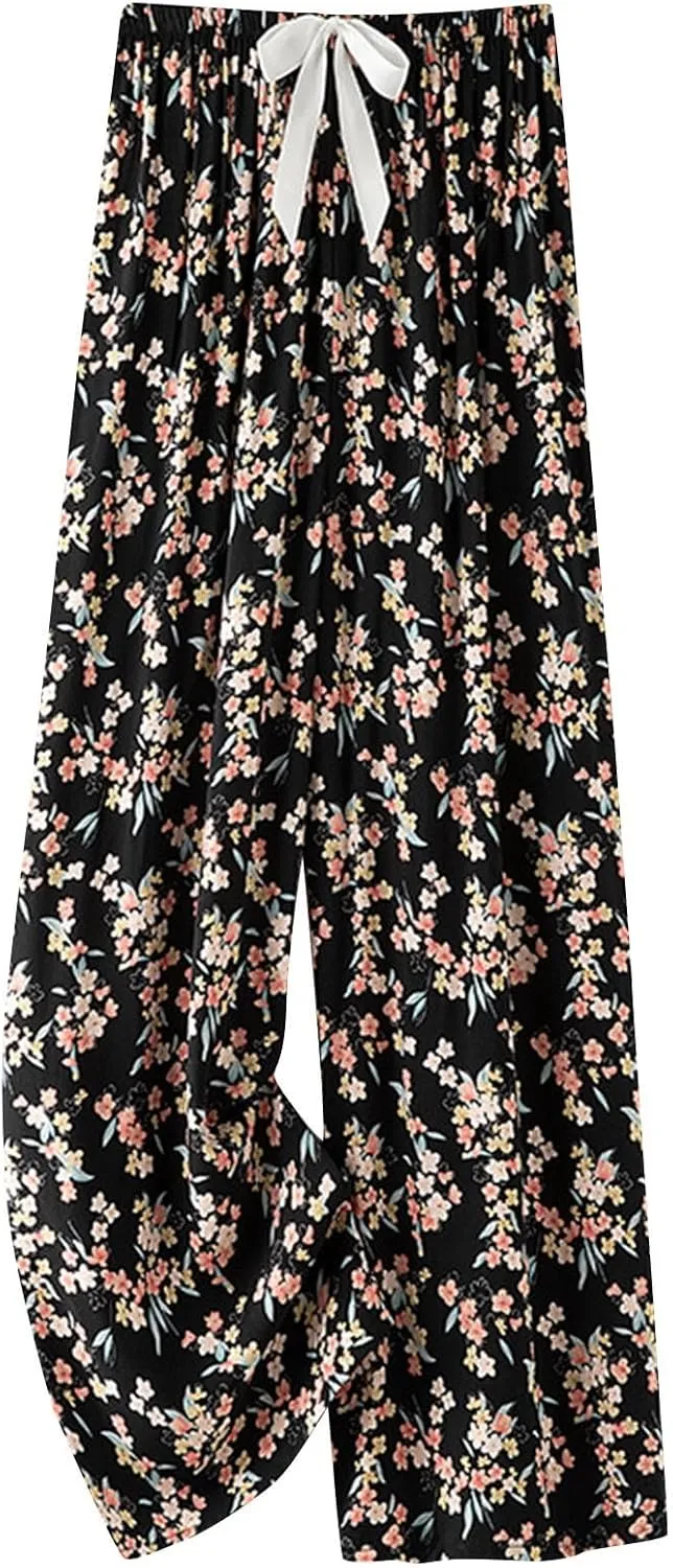 2024 Floral Printed Pants Women Casual Baggy Wide Leg Lounge Pants Loose Comfy Lightweight Elastic Waist Trousers with Pocket