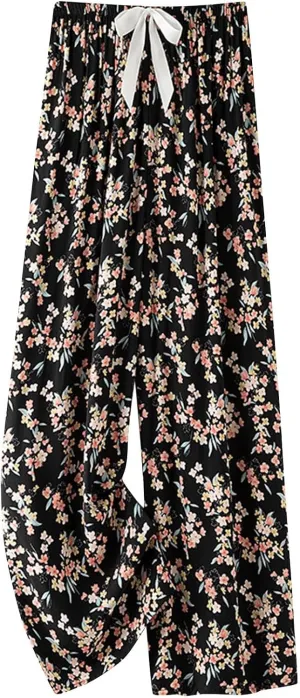 2024 Floral Printed Pants Women Casual Baggy Wide Leg Lounge Pants Loose Comfy Lightweight Elastic Waist Trousers with Pocket
