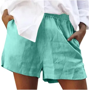 2024 Linen Shorts for Women Trendy Summer Solid Wide Leg Pants Casual Elastic Waist Lounge Trousers with Pockets