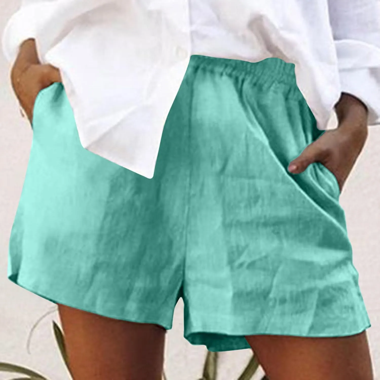 2024 Linen Shorts for Women Trendy Summer Solid Wide Leg Pants Casual Elastic Waist Lounge Trousers with Pockets