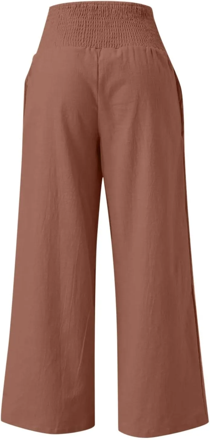 2024 Women Linen Palazzo Pants Wide Leg High Waist Lounge Summer Casual Boho Trousers Travel Vacation Outfits