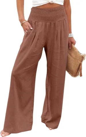 2024 Women Linen Palazzo Pants Wide Leg High Waist Lounge Summer Casual Boho Trousers Travel Vacation Outfits