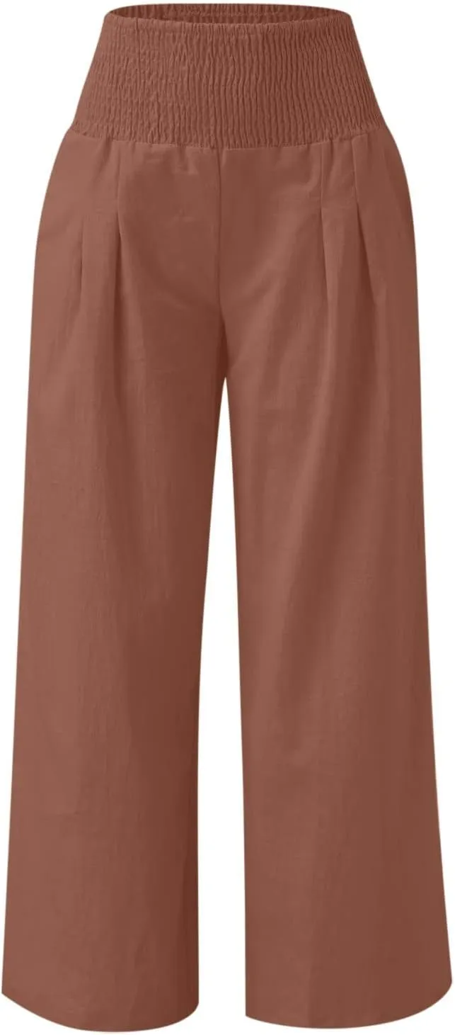 2024 Women Linen Palazzo Pants Wide Leg High Waist Lounge Summer Casual Boho Trousers Travel Vacation Outfits