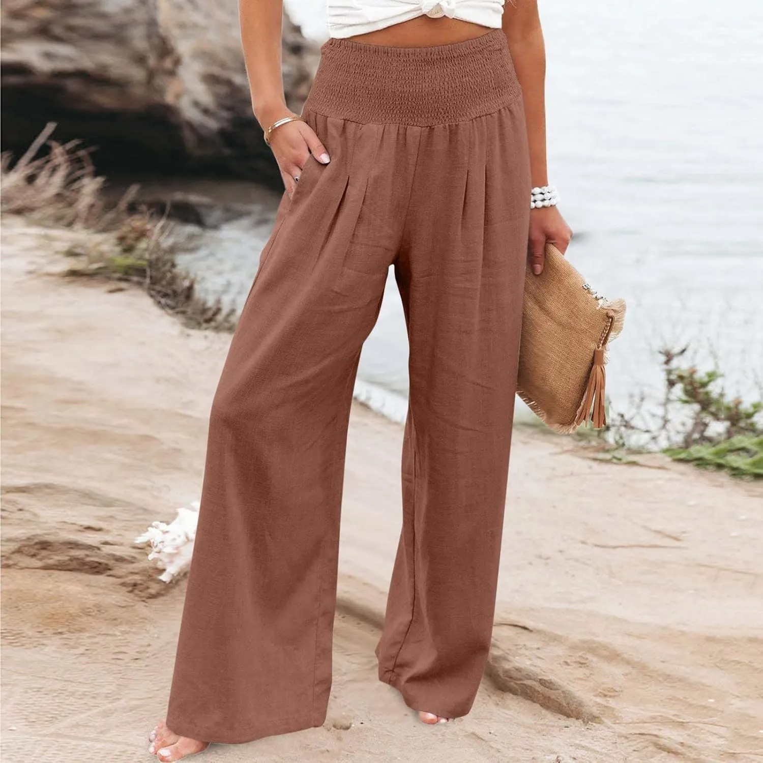 2024 Women Linen Palazzo Pants Wide Leg High Waist Lounge Summer Casual Boho Trousers Travel Vacation Outfits
