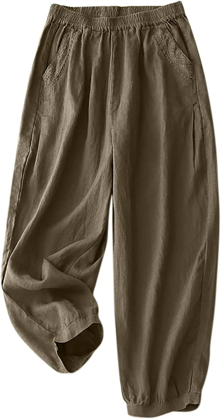 2025 Trendy Summer High Waisted Cotton Linen Pants for Women Casual Loose Solid Color Beach Wide Leg Long Trousers