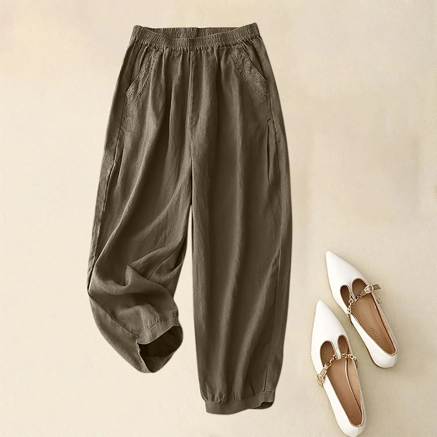 2025 Trendy Summer High Waisted Cotton Linen Pants for Women Casual Loose Solid Color Beach Wide Leg Long Trousers