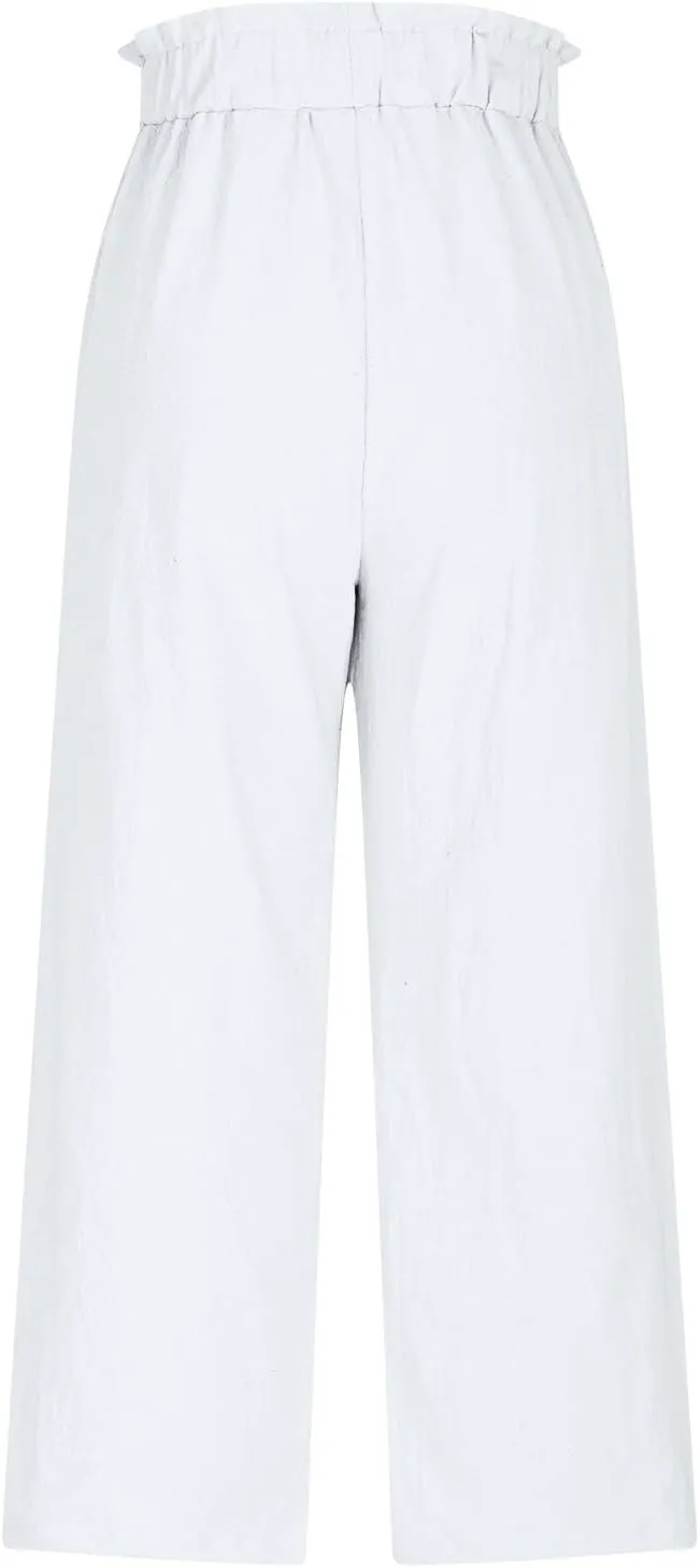 2025 Trendy Women Linen Pants Casual Loose High Waisted Boho Wide Leg Cropped Palazzo Beach Trousers Summer Outfits
