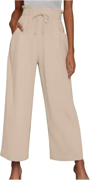 2025 Trendy Women Linen Pants Casual Loose High Waisted Boho Wide Leg Cropped Palazzo Beach Trousers Summer Outfits