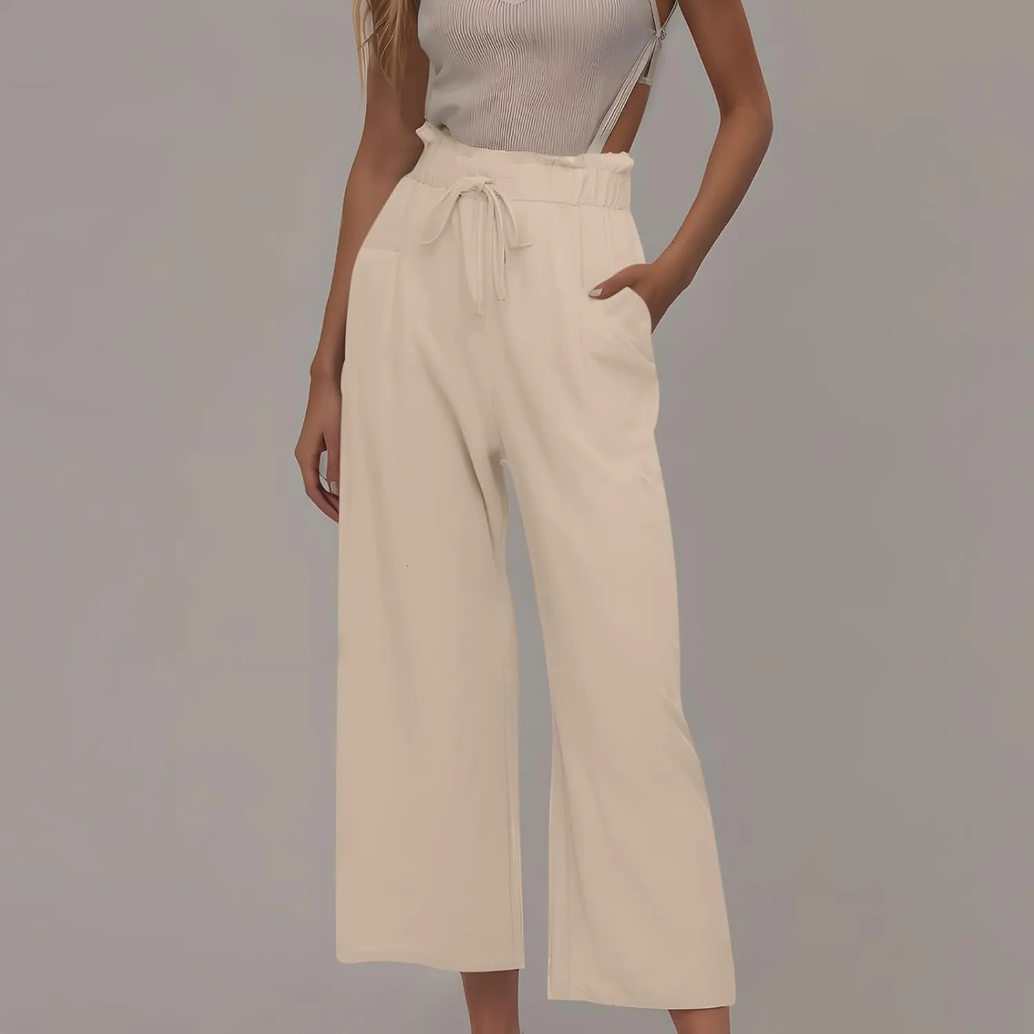 2025 Trendy Women Linen Pants Casual Loose High Waisted Boho Wide Leg Cropped Palazzo Beach Trousers Summer Outfits