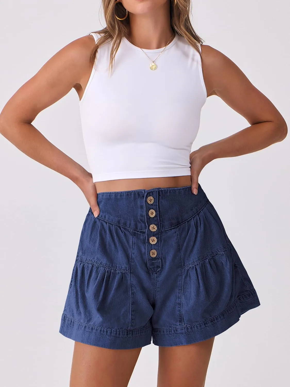 ANRABESS Women's Denim Shorts Summer Baggy High Waisted Flowy Wide Leg Buttons Pleated Casual Jean Shorts 2025 Fashion Skorts