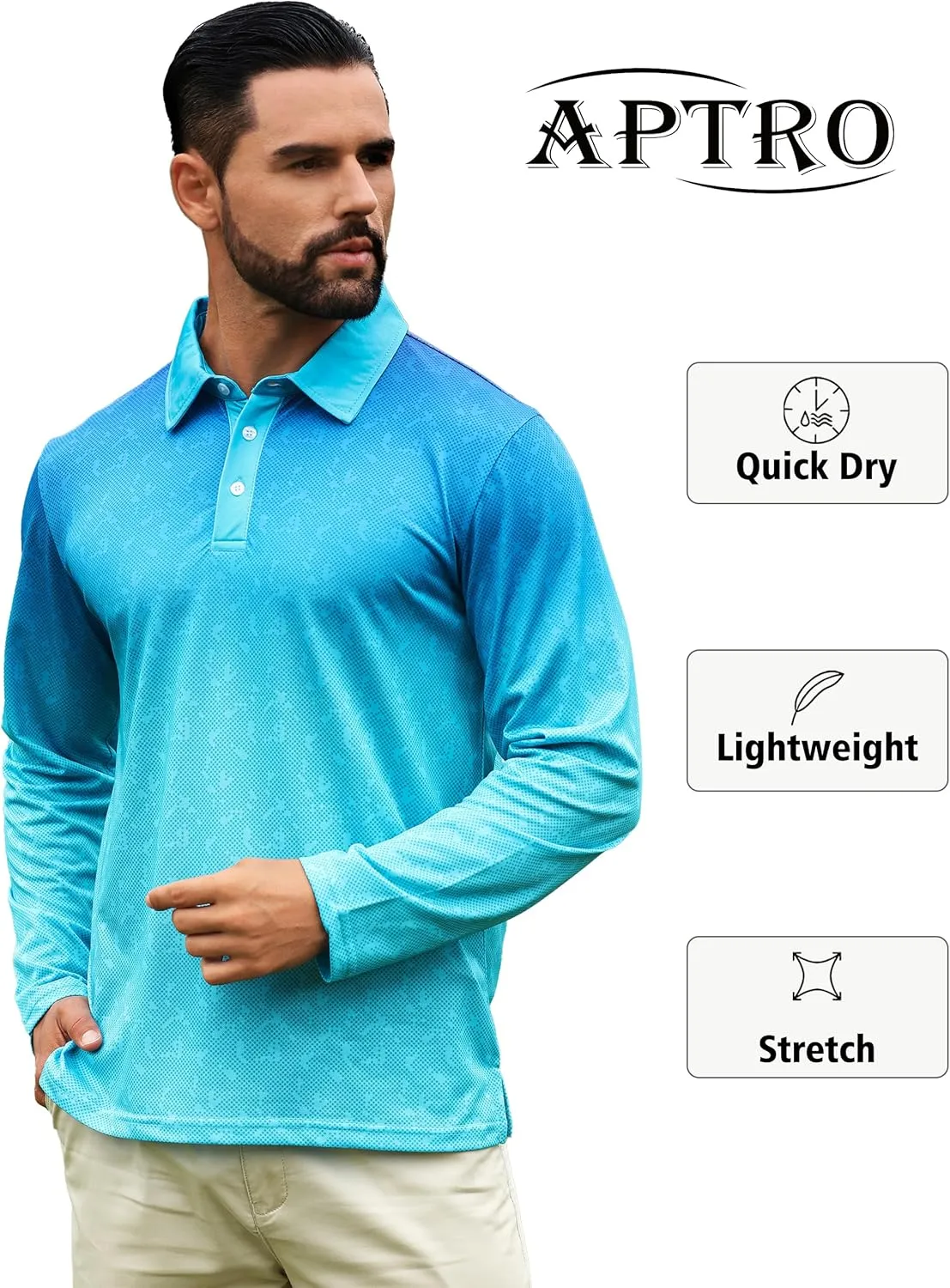 APTRO Long Sleeve Polo Shirts for Men Performance Golf Shirt Dry Fit Moisture Wicking Fashion Print T-Shirt