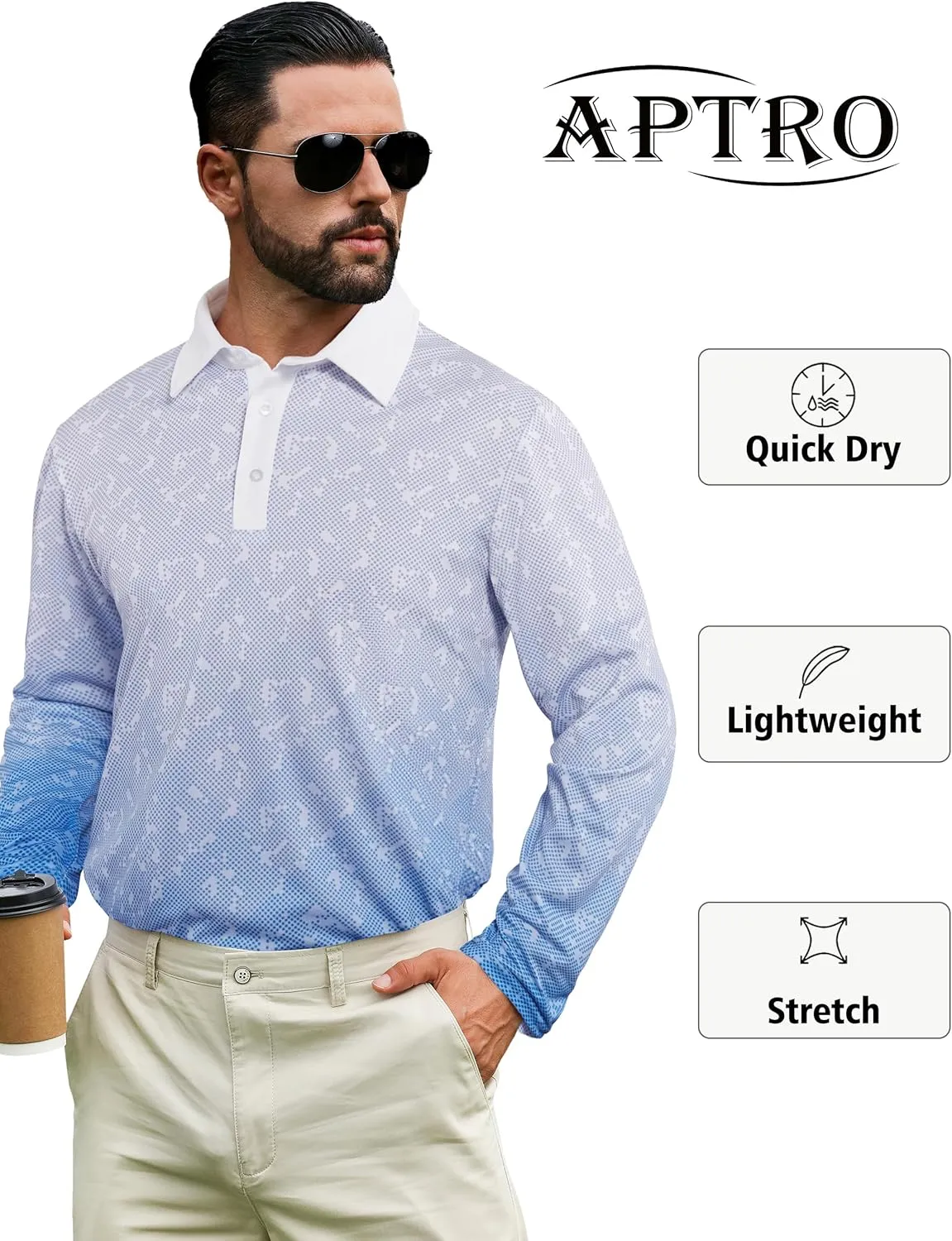 APTRO Long Sleeve Polo Shirts for Men Performance Golf Shirt Dry Fit Moisture Wicking Fashion Print T-Shirt