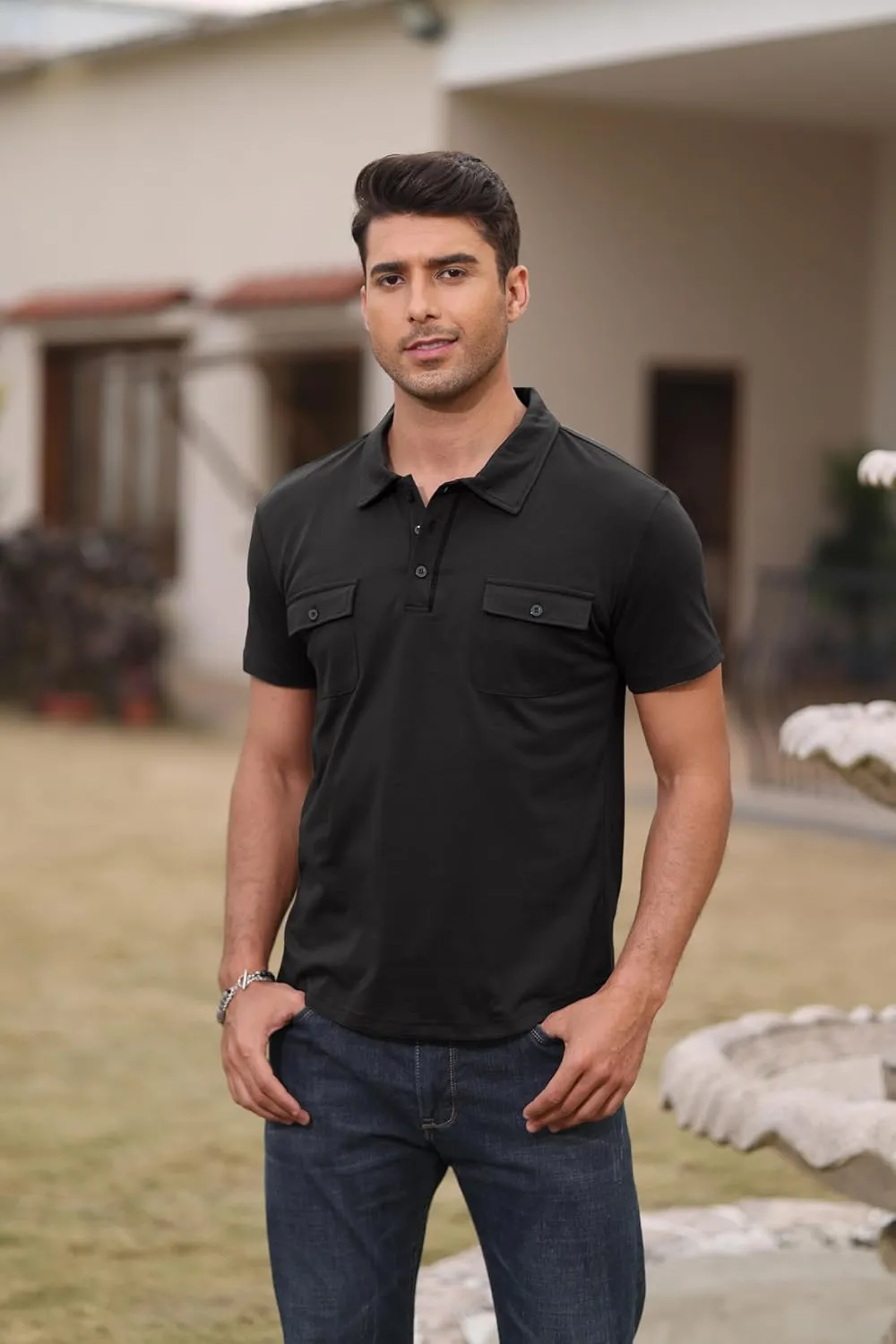 Aulemen Men's Polo Shirts Short Sleeve Casual Slim Fit Button Basic Golf Shirt Moisture Wicking Top with Pocket