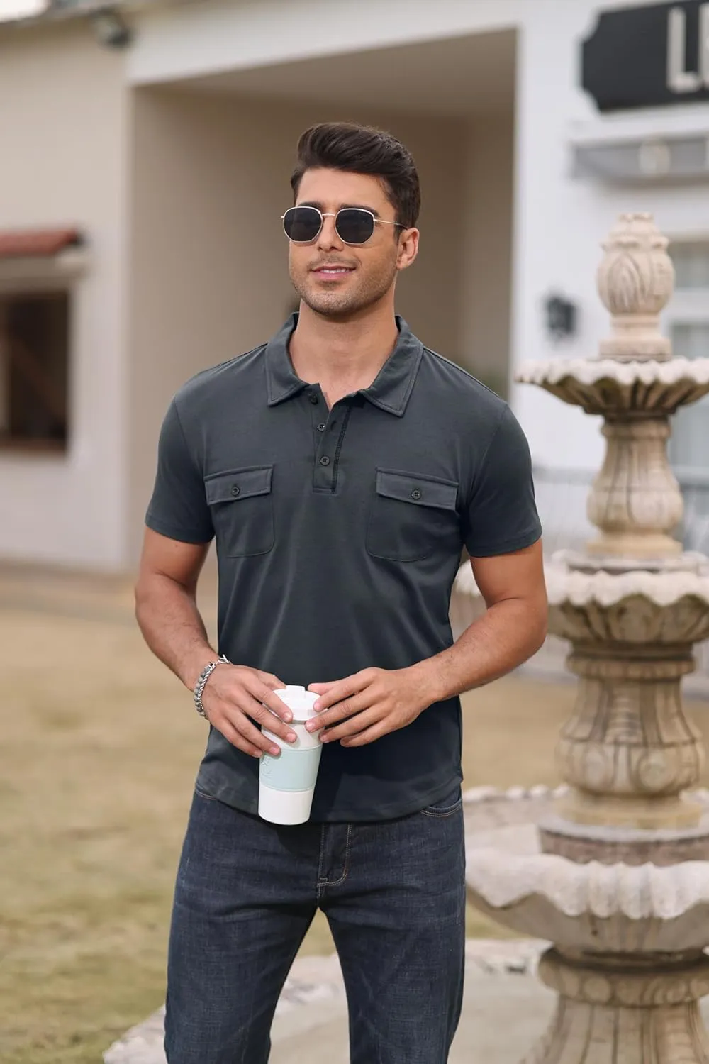 Aulemen Men's Polo Shirts Short Sleeve Casual Slim Fit Button Basic Golf Shirt Moisture Wicking Top with Pocket