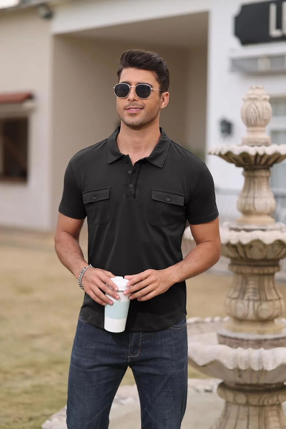 Aulemen Men's Polo Shirts Short Sleeve Casual Slim Fit Button Basic Golf Shirt Moisture Wicking Top with Pocket