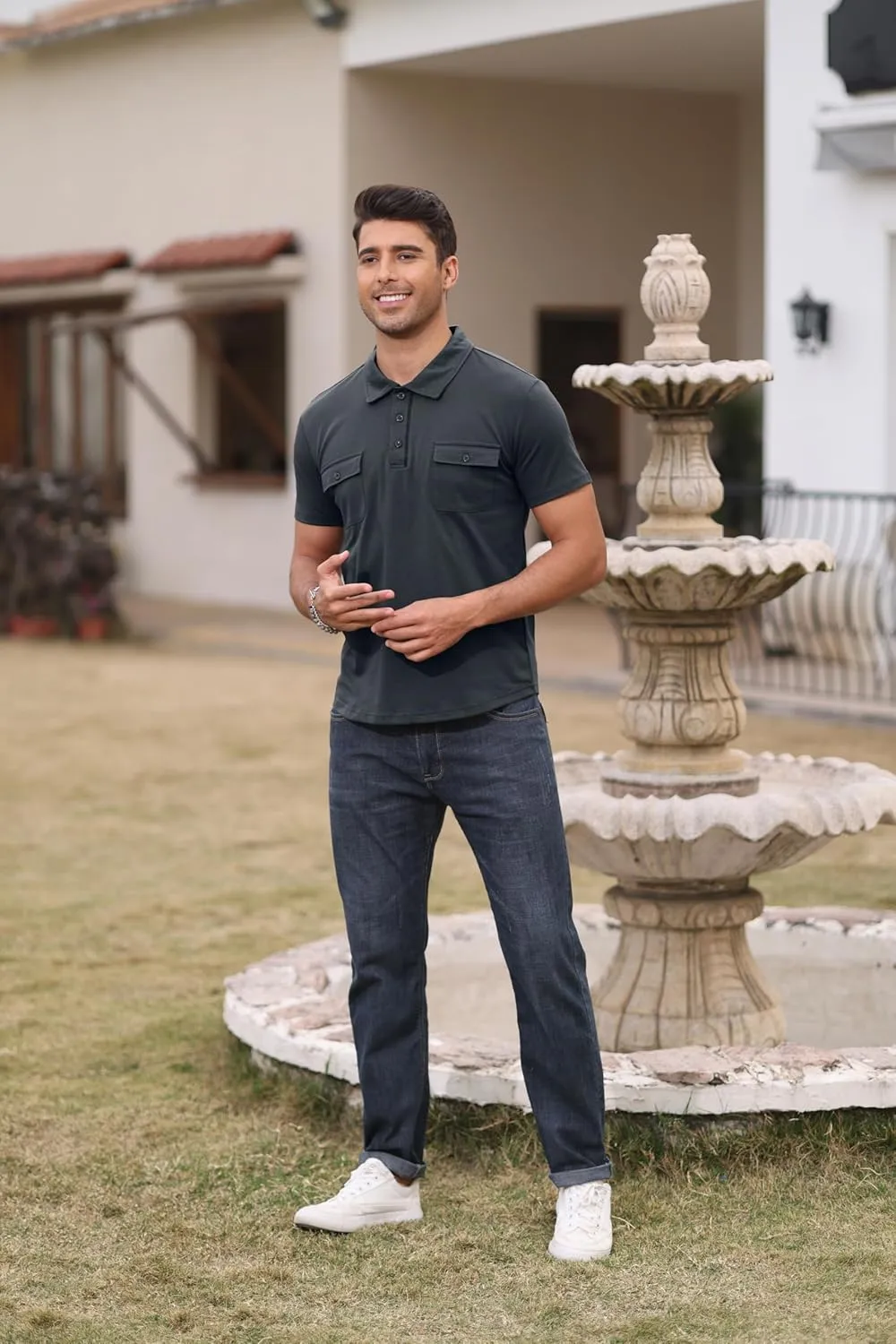 Aulemen Men's Polo Shirts Short Sleeve Casual Slim Fit Button Basic Golf Shirt Moisture Wicking Top with Pocket