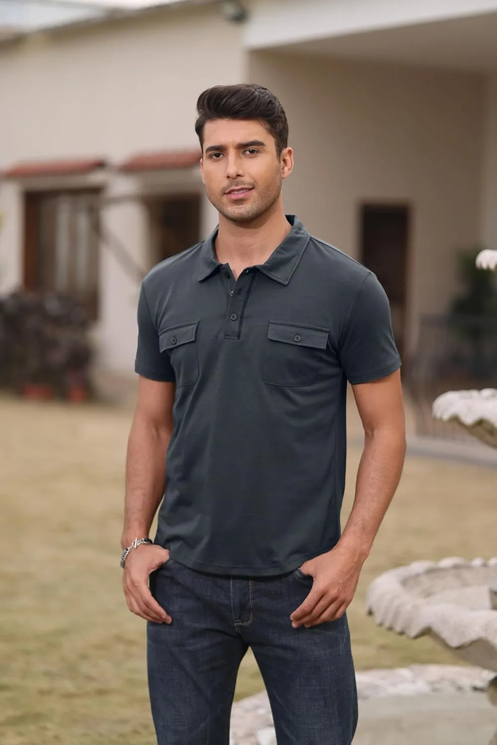 Aulemen Men's Polo Shirts Short Sleeve Casual Slim Fit Button Basic Golf Shirt Moisture Wicking Top with Pocket