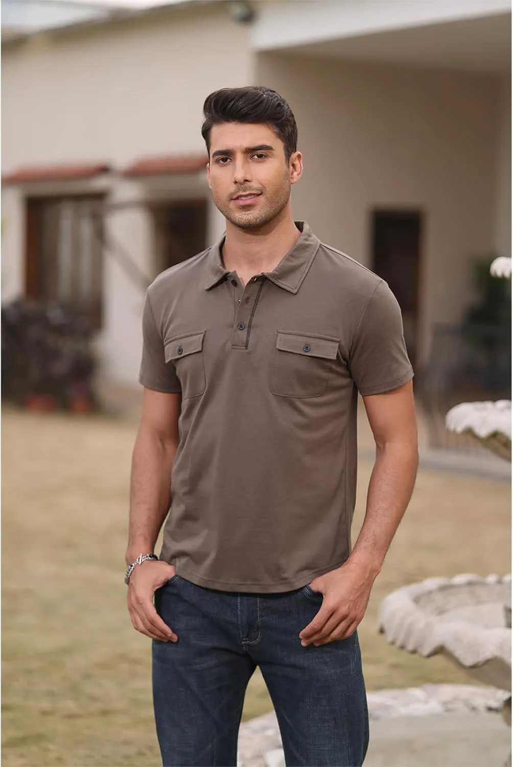 Aulemen Men's Polo Shirts Short Sleeve Casual Slim Fit Button Basic Golf Shirt Moisture Wicking Top with Pocket