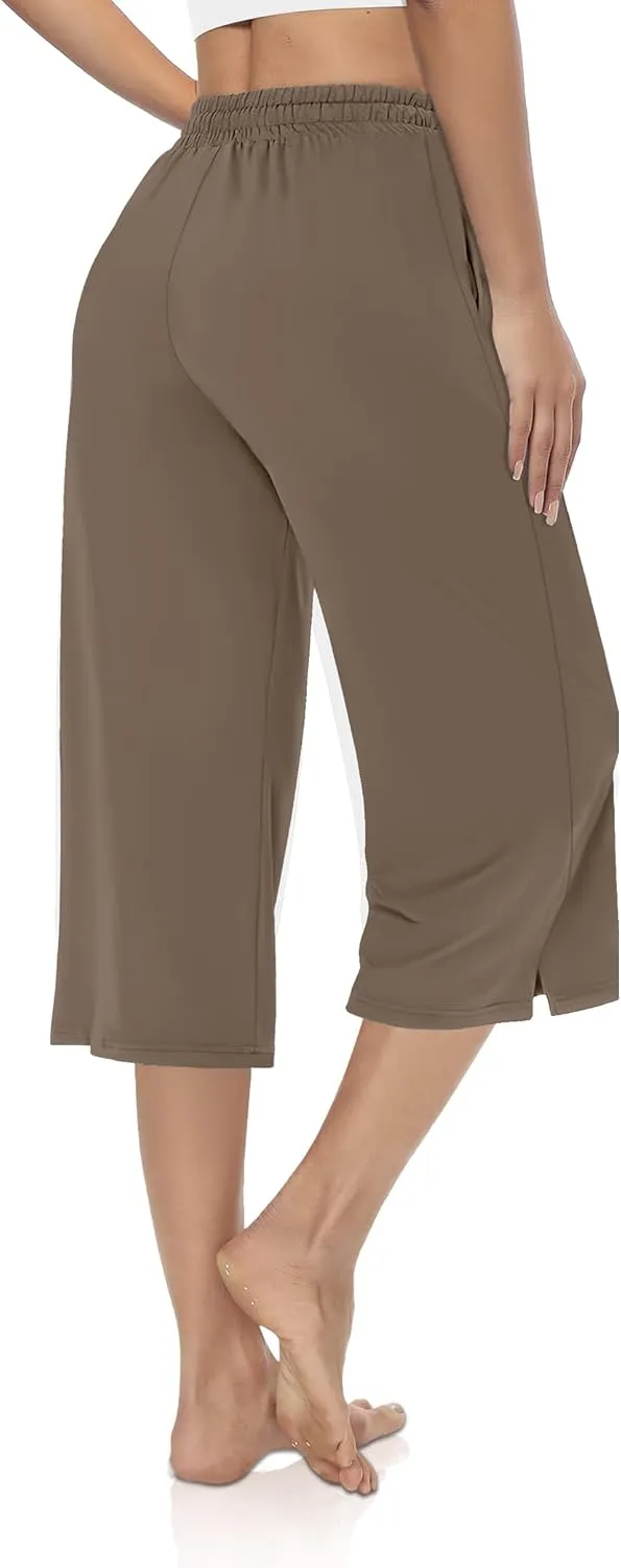 AURUZA Capri Pants for Womens,Wide Leg Drawstring Lounge Casual with Pockets,Loose Comfy Workout Yoga Capris Evryday Wear