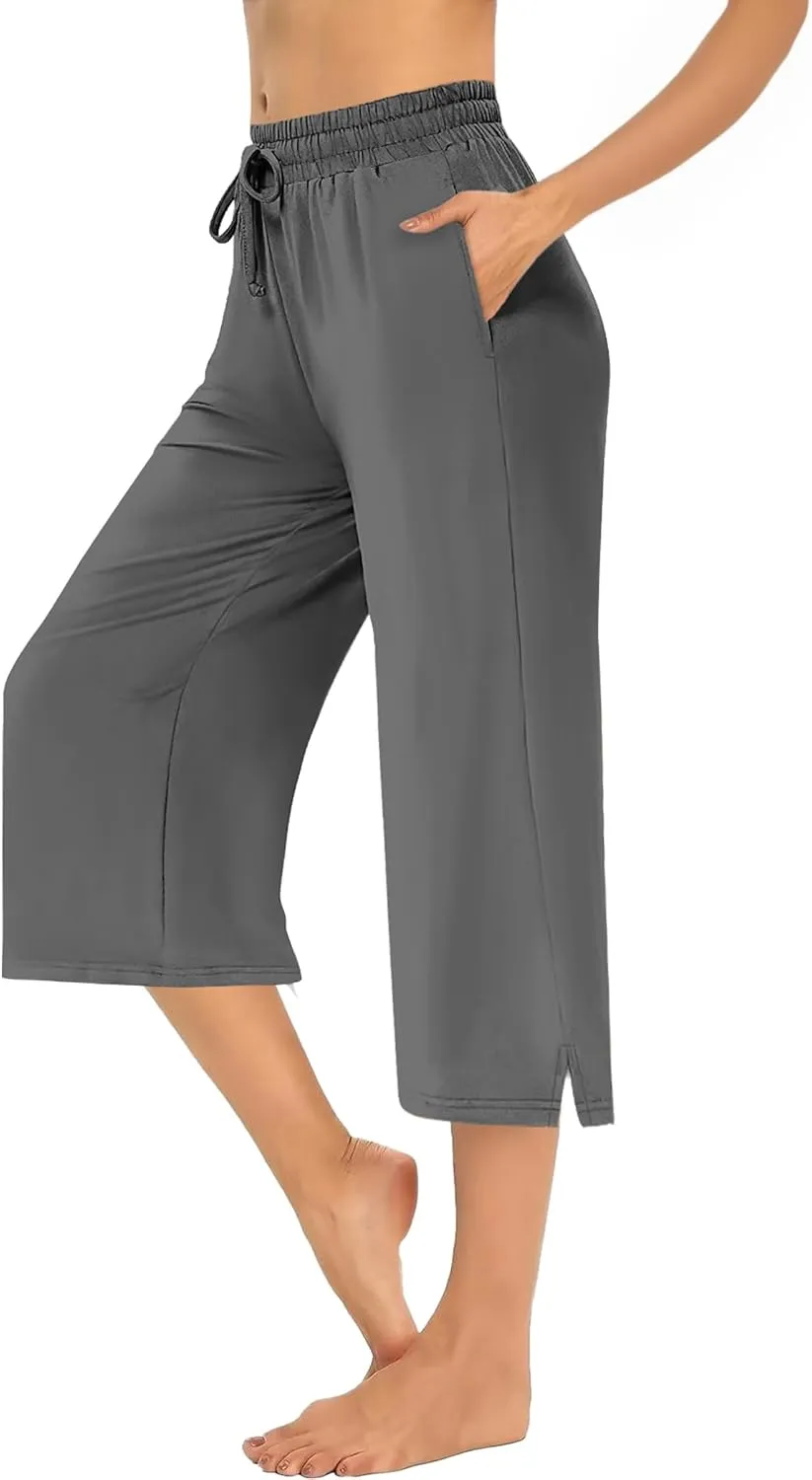AURUZA Capri Pants for Womens,Wide Leg Drawstring Lounge Casual with Pockets,Loose Comfy Workout Yoga Capris Evryday Wear