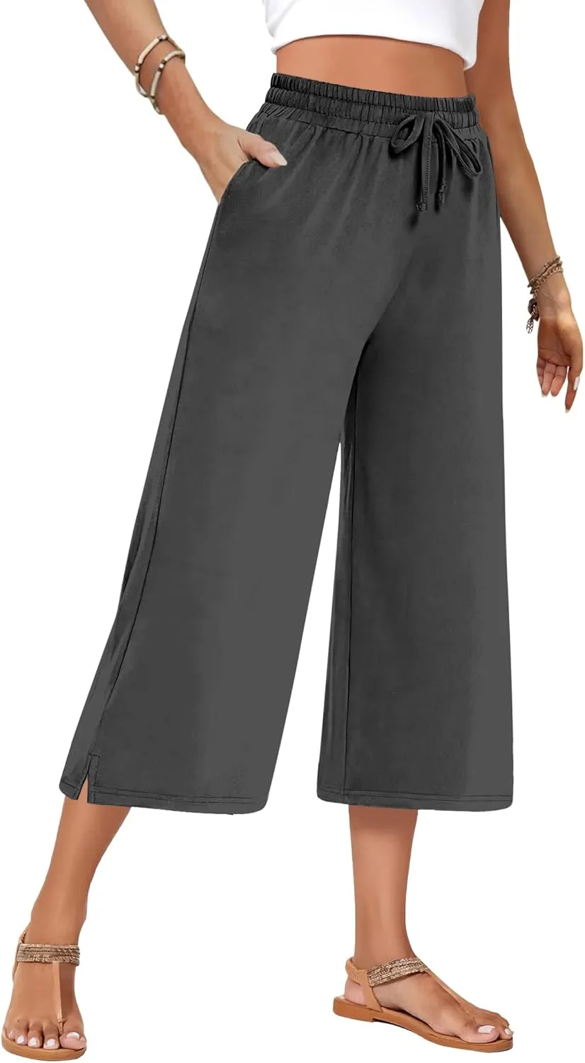 AURUZA Capri Pants for Womens,Wide Leg Drawstring Lounge Casual with Pockets,Loose Comfy Workout Yoga Capris Evryday Wear