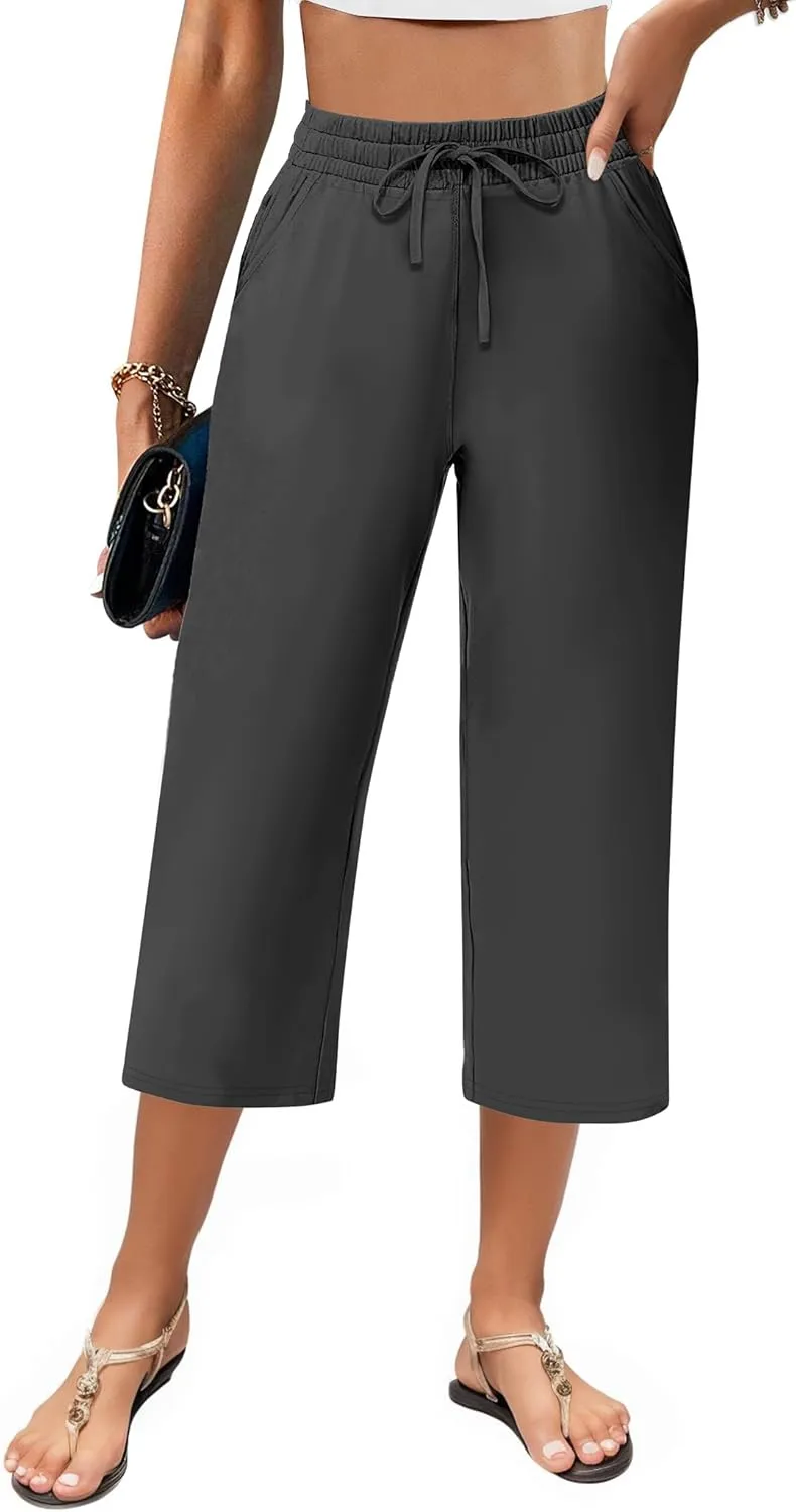 AURUZA Capri Pants for Womens,Wide Leg Drawstring Lounge Casual with Pockets,Loose Comfy Workout Yoga Capris Evryday Wear