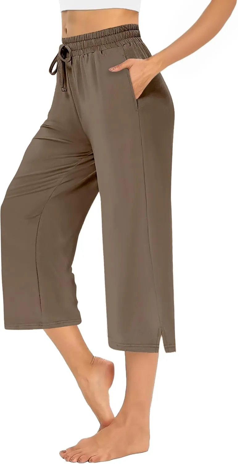 AURUZA Capri Pants for Womens,Wide Leg Drawstring Lounge Casual with Pockets,Loose Comfy Workout Yoga Capris Evryday Wear
