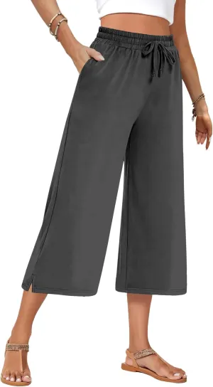 AURUZA Capri Pants for Womens,Wide Leg Drawstring Lounge Casual with Pockets,Loose Comfy Workout Yoga Capris Evryday Wear