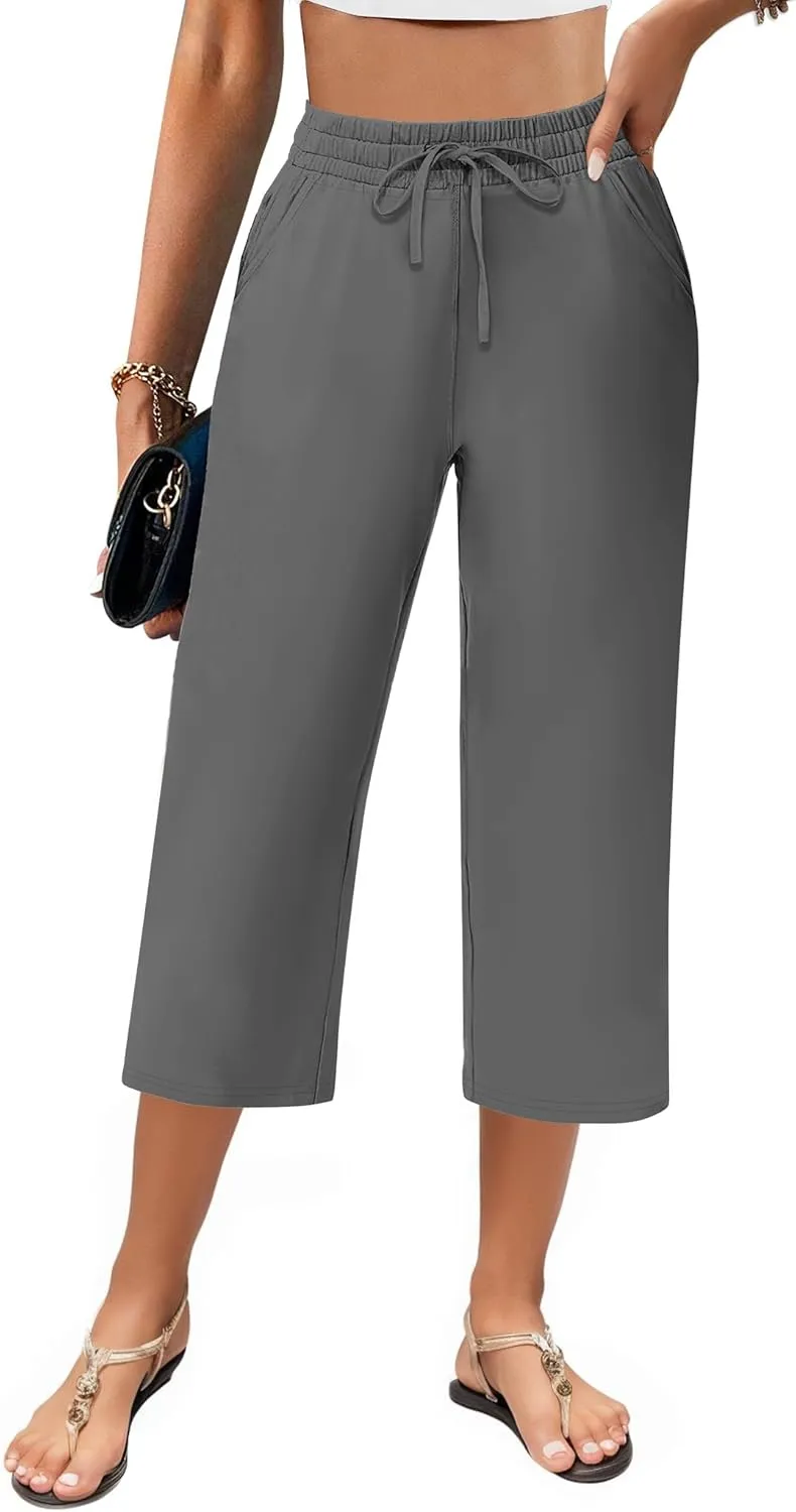 AURUZA Capri Pants for Womens,Wide Leg Drawstring Lounge Casual with Pockets,Loose Comfy Workout Yoga Capris Evryday Wear