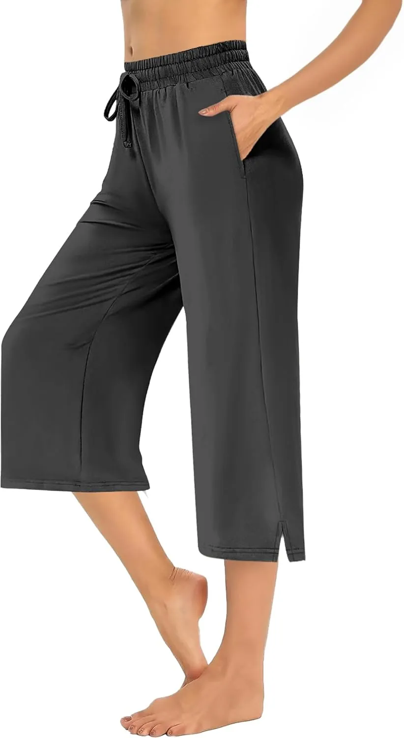 AURUZA Capri Pants for Womens,Wide Leg Drawstring Lounge Casual with Pockets,Loose Comfy Workout Yoga Capris Evryday Wear