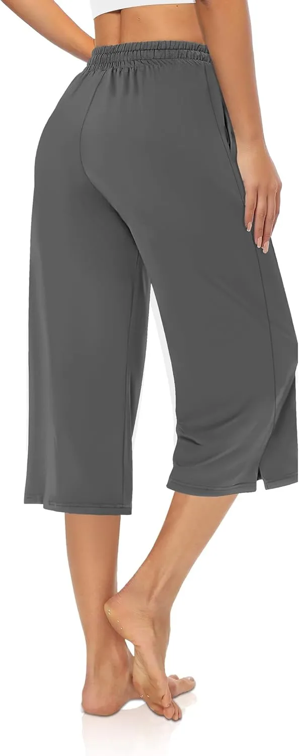 AURUZA Capri Pants for Womens,Wide Leg Drawstring Lounge Casual with Pockets,Loose Comfy Workout Yoga Capris Evryday Wear