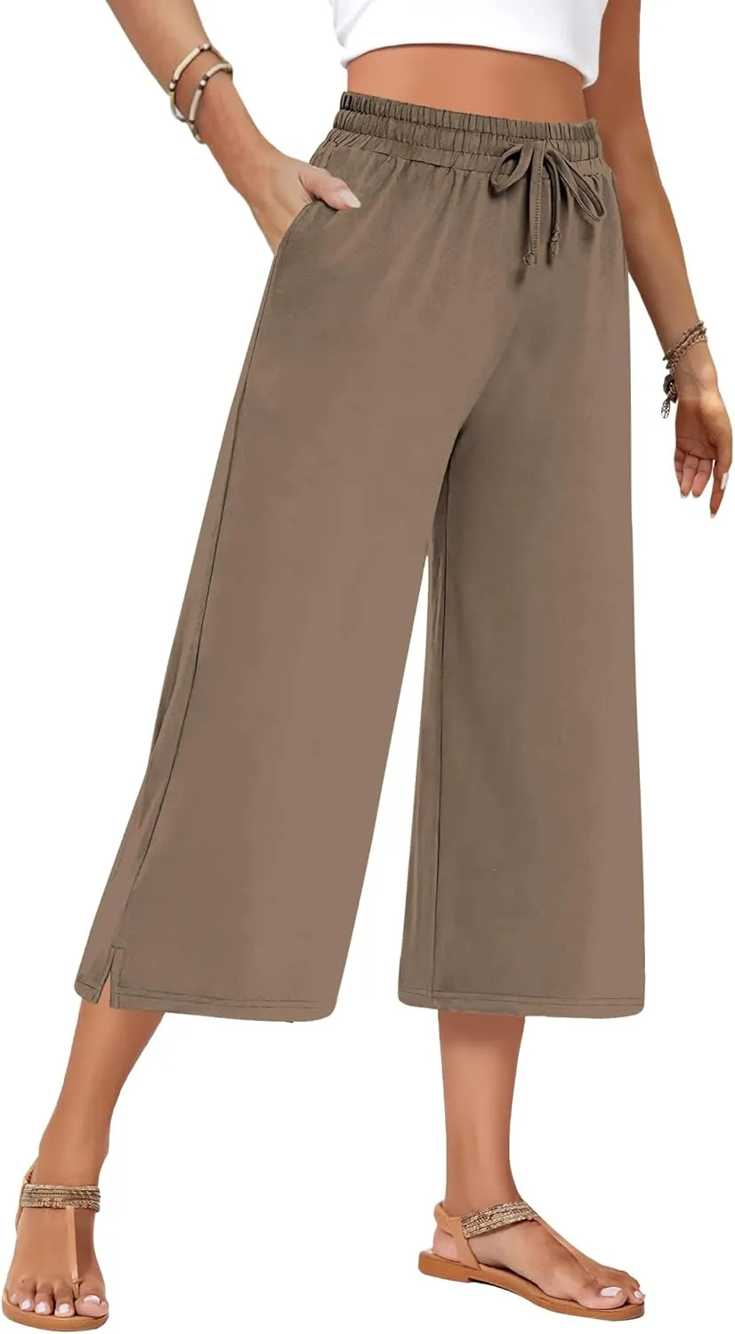 AURUZA Capri Pants for Womens,Wide Leg Drawstring Lounge Casual with Pockets,Loose Comfy Workout Yoga Capris Evryday Wear