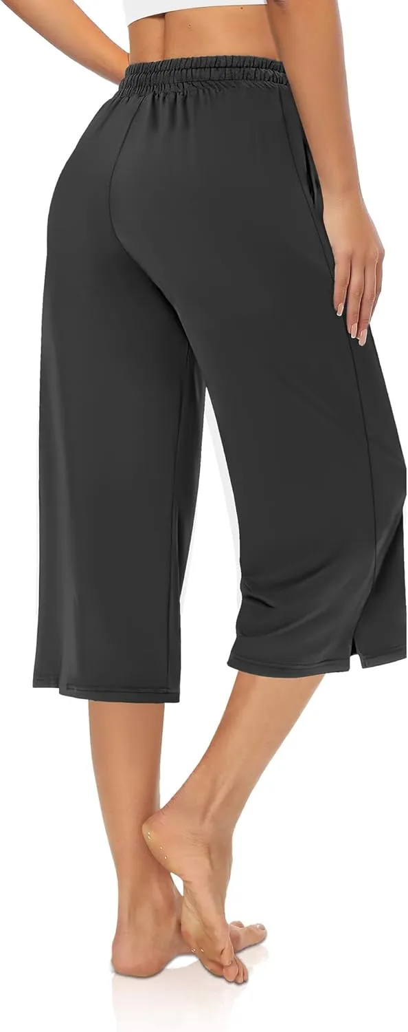 AURUZA Capri Pants for Womens,Wide Leg Drawstring Lounge Casual with Pockets,Loose Comfy Workout Yoga Capris Evryday Wear