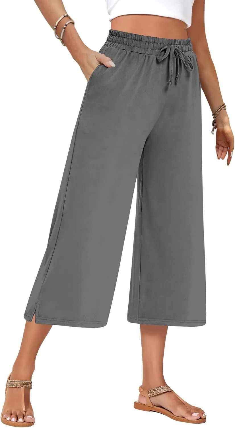 AURUZA Capri Pants for Womens,Wide Leg Drawstring Lounge Casual with Pockets,Loose Comfy Workout Yoga Capris Evryday Wear