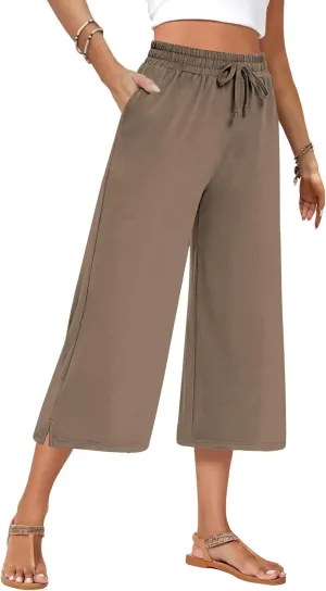 AURUZA Capri Pants for Womens,Wide Leg Drawstring Lounge Casual with Pockets,Loose Comfy Workout Yoga Capris Evryday Wear