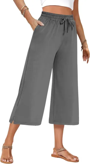 AURUZA Capri Pants for Womens,Wide Leg Drawstring Lounge Casual with Pockets,Loose Comfy Workout Yoga Capris Evryday Wear