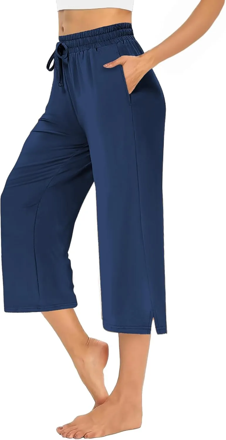 AURUZA Women's Capri Pants-Loose Fit, High-Waisted, Wide Leg Lounge Trousers Palazzo with Pocketsfor Yoga and Casual