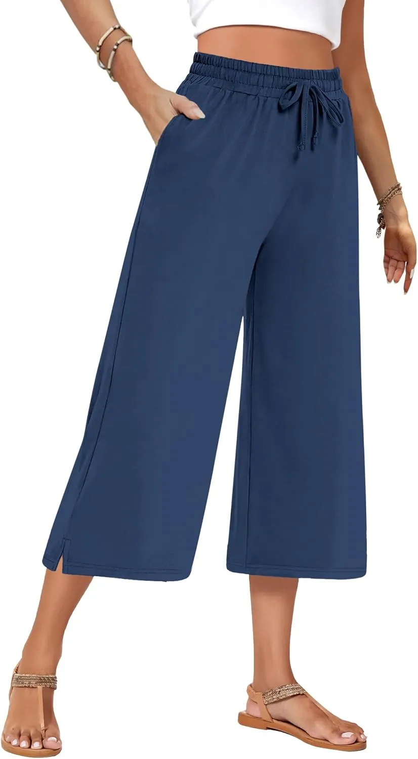 AURUZA Women's Capri Pants-Loose Fit, High-Waisted, Wide Leg Lounge Trousers Palazzo with Pocketsfor Yoga and Casual