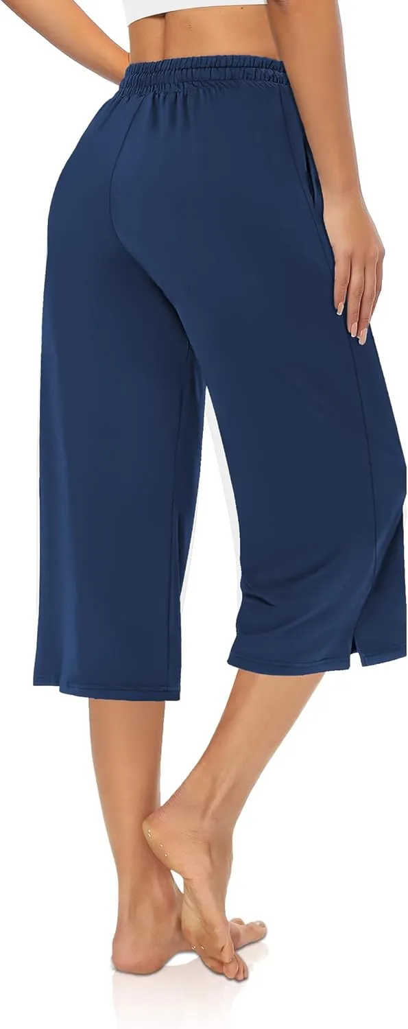 AURUZA Women's Capri Pants-Loose Fit, High-Waisted, Wide Leg Lounge Trousers Palazzo with Pocketsfor Yoga and Casual