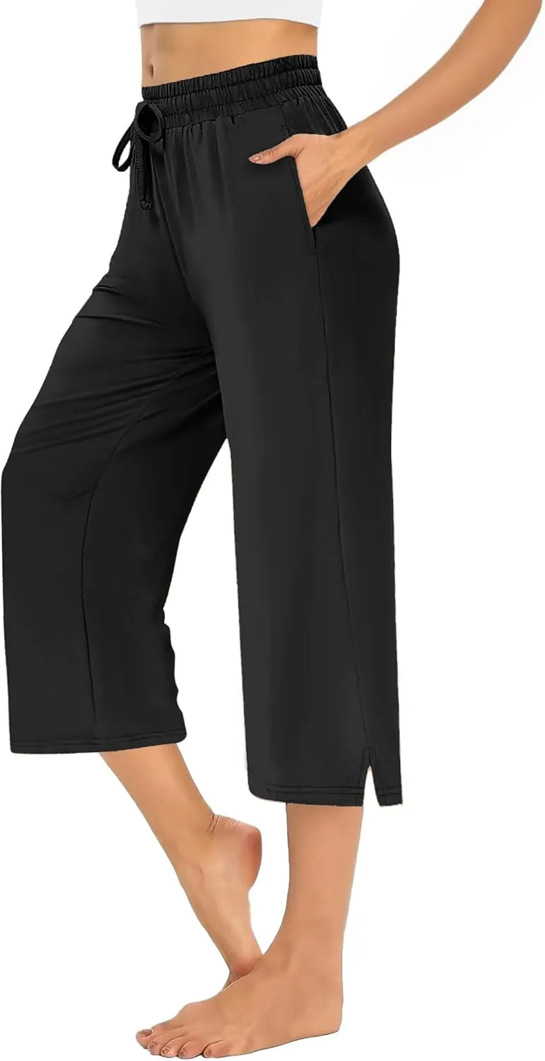 AURUZA Women's Capri Pants-Loose Fit, High-Waisted, Wide Leg Lounge Trousers Palazzo with Pocketsfor Yoga and Casual