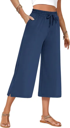 AURUZA Women's Capri Pants-Loose Fit, High-Waisted, Wide Leg Lounge Trousers Palazzo with Pocketsfor Yoga and Casual