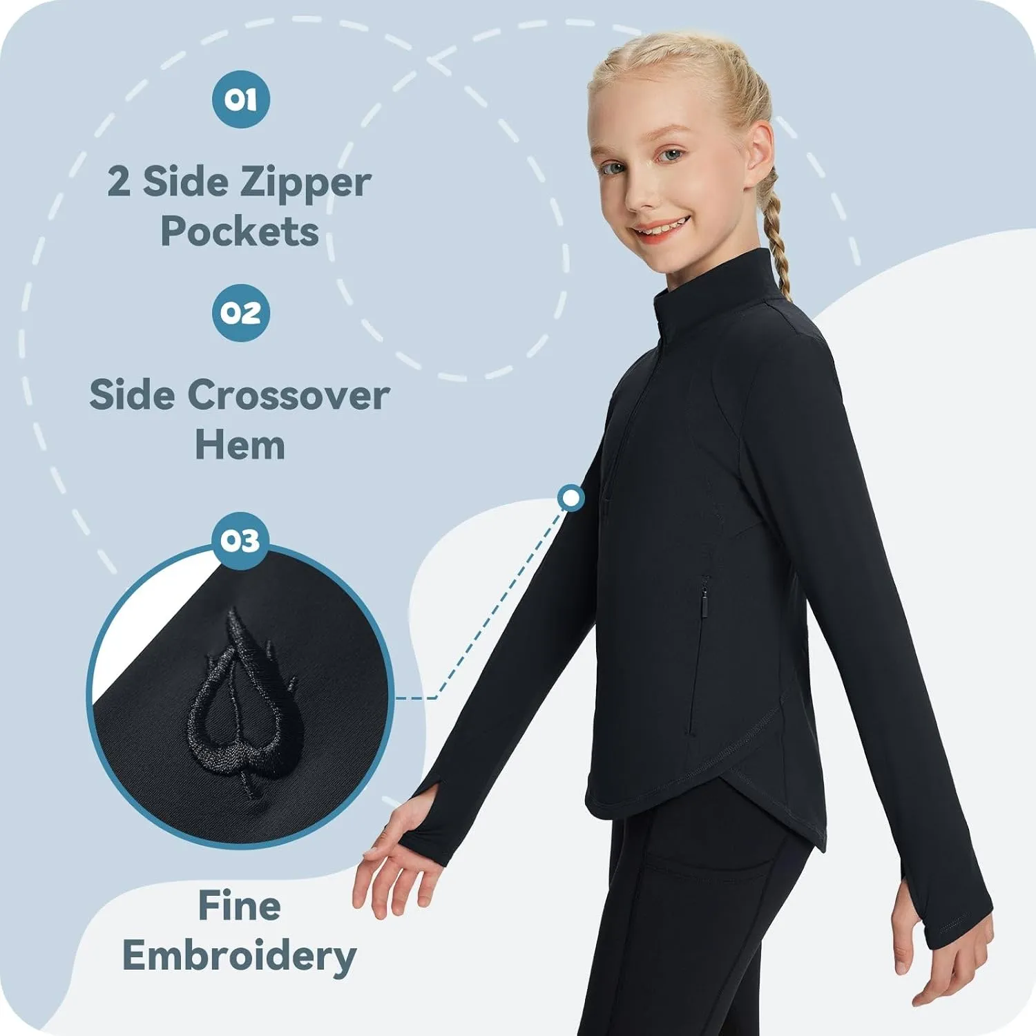 baleaf Girls Fleece Long Sleeve Shirts, Fall Jacket Half Zip Sweatshirts Horse Riding Camping Thermal Coat Kids