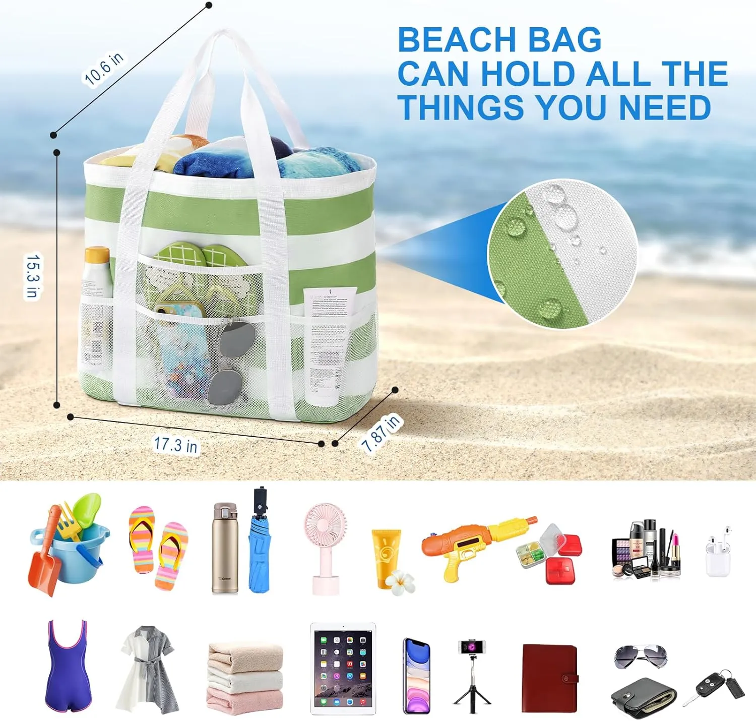 Beach Bags for Women - Large Tote Bags Waterproof Sandproof, Mesh Bag for Vacation Beach Tote Bag Pool Tote