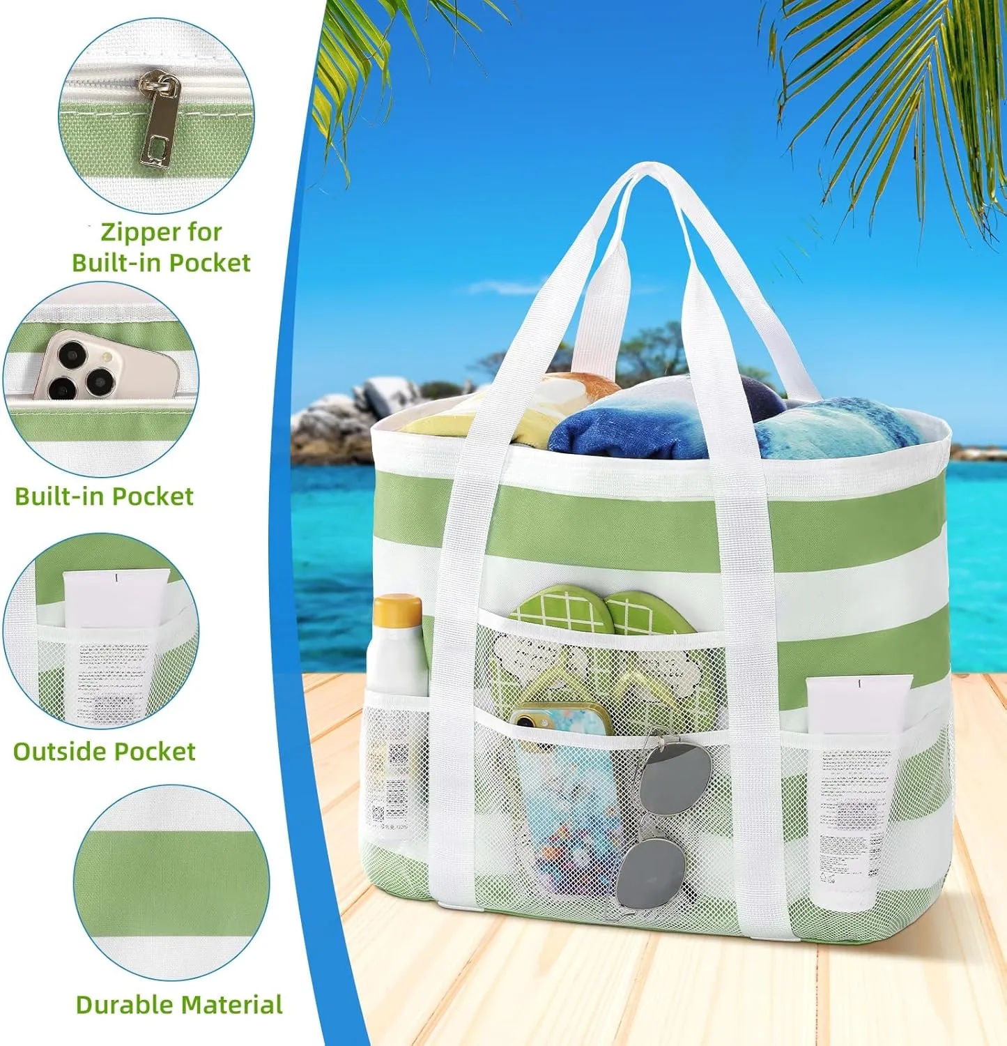 Beach Bags for Women - Large Tote Bags Waterproof Sandproof, Mesh Bag for Vacation Beach Tote Bag Pool Tote